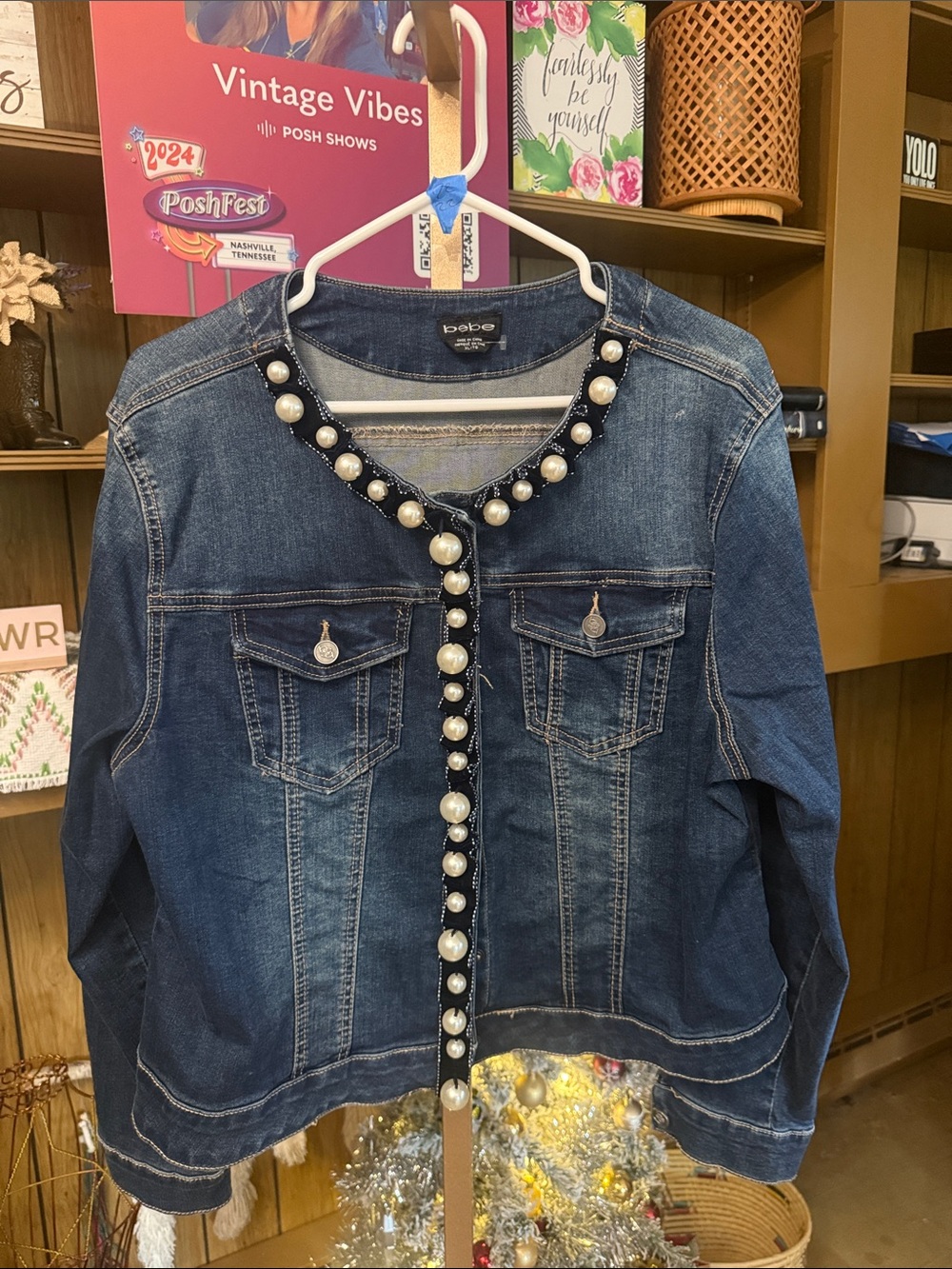 bebe Pearl-Trim Dark Blue Denim Jacket